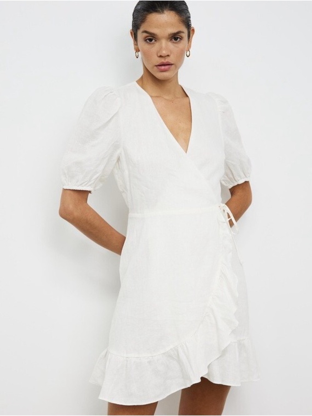 & Other Stories Linen Wrap Mini Dress White Puff Sleeve Ruffle Hem US 6